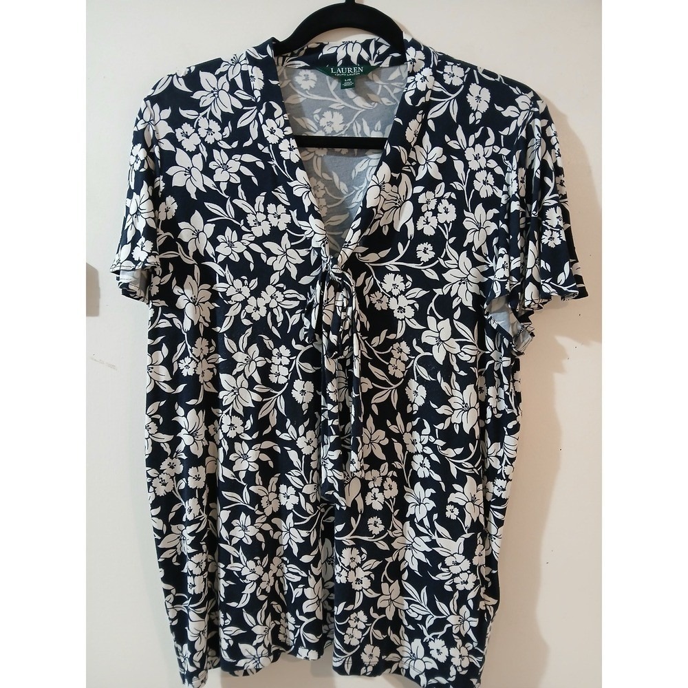 Lauren Ralph Lauren Navy Blue White Floral Tie Front Short Sleeve Top Large